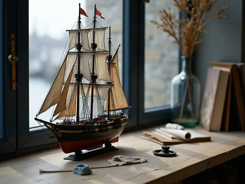 Maquette de trois-mâts à coque noire et rouge posée sur un plan de bois clair, près de la fenêtre, voiles écrues et gréement bien lisibles.
