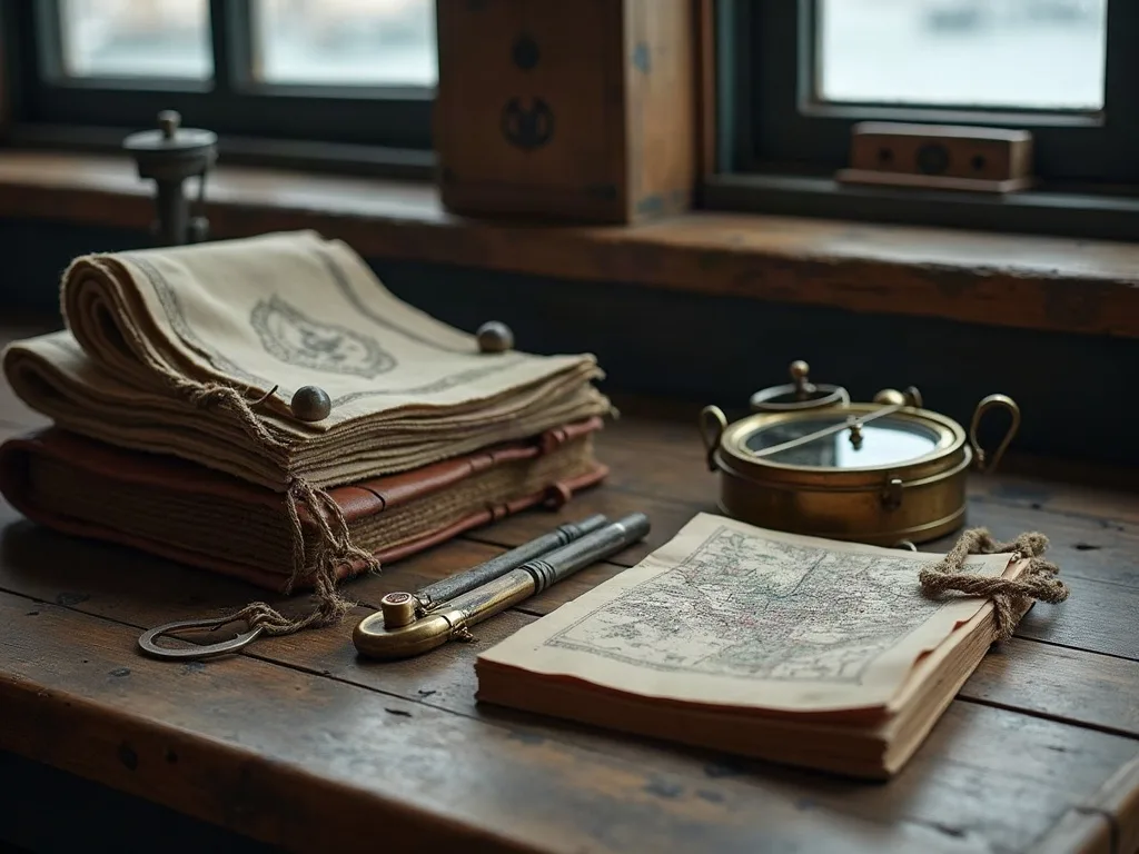 Sur une table de chêne, un carnet cartographique, un compas à pointes sèches, une clé et un instrument de laiton vitré près de la fenêtre.