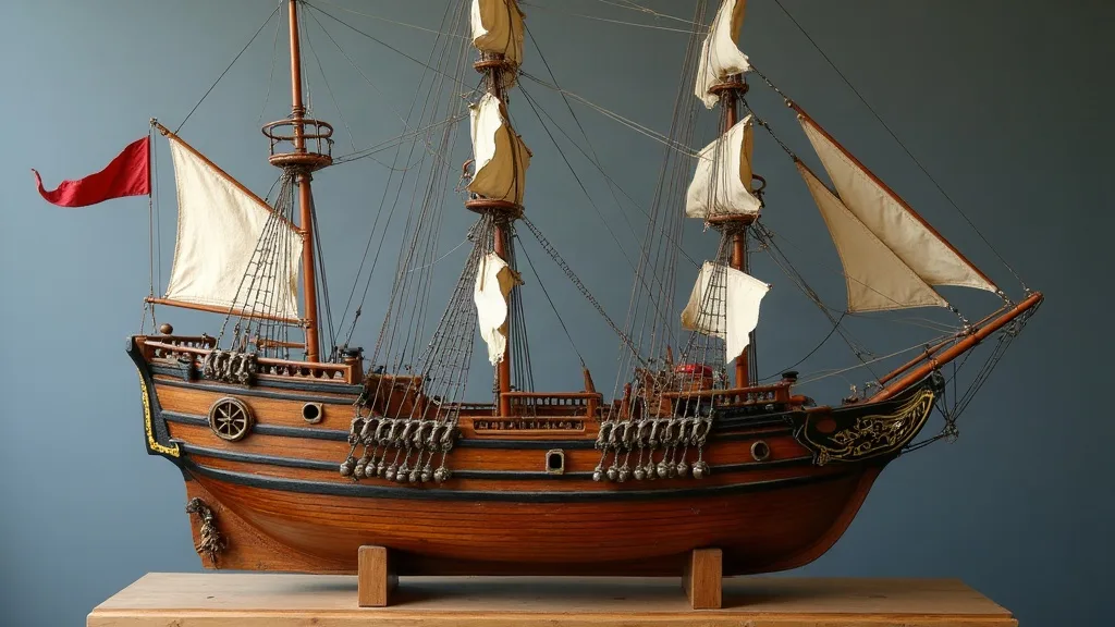 Maquette de voilier en bois posée sur un socle clair, gréement, voiles de toile écrue et pavillon rouge visibles.