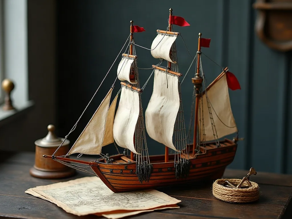 Maquette d'une caravelle à voiles carrées et fanions rouges, posée sur une table sombre près d'une carte ancienne.