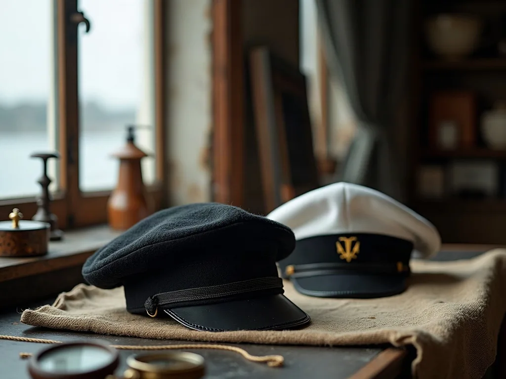Deux casquettes de marine posées sur une toile de jute, l'une en laine noire, l'autre blanche à insigne doré.