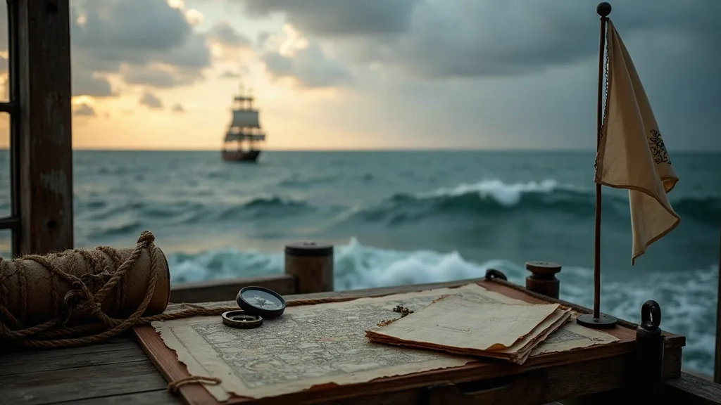 Cartes marines, compas et drapeau sur une table face à l'océan avec un voilier à l'horizon.
