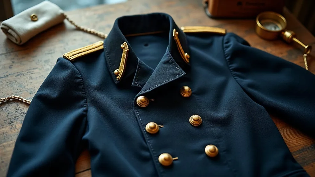Veste d'officier de marine bleu nuit posée à plat sur une table en bois, boutons dorés et épaulettes tressées d'or.