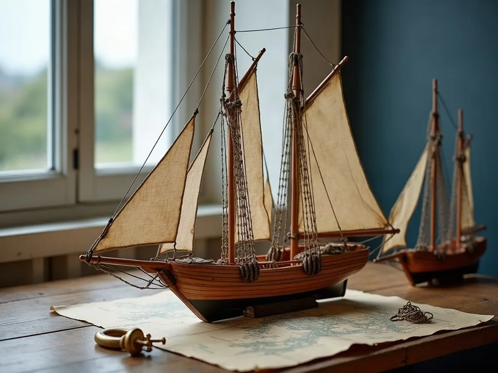Coque courte, mâts inclinés et long beaupré: le lougre maquetté posé sur une carte marine, près de la fenêtre.
