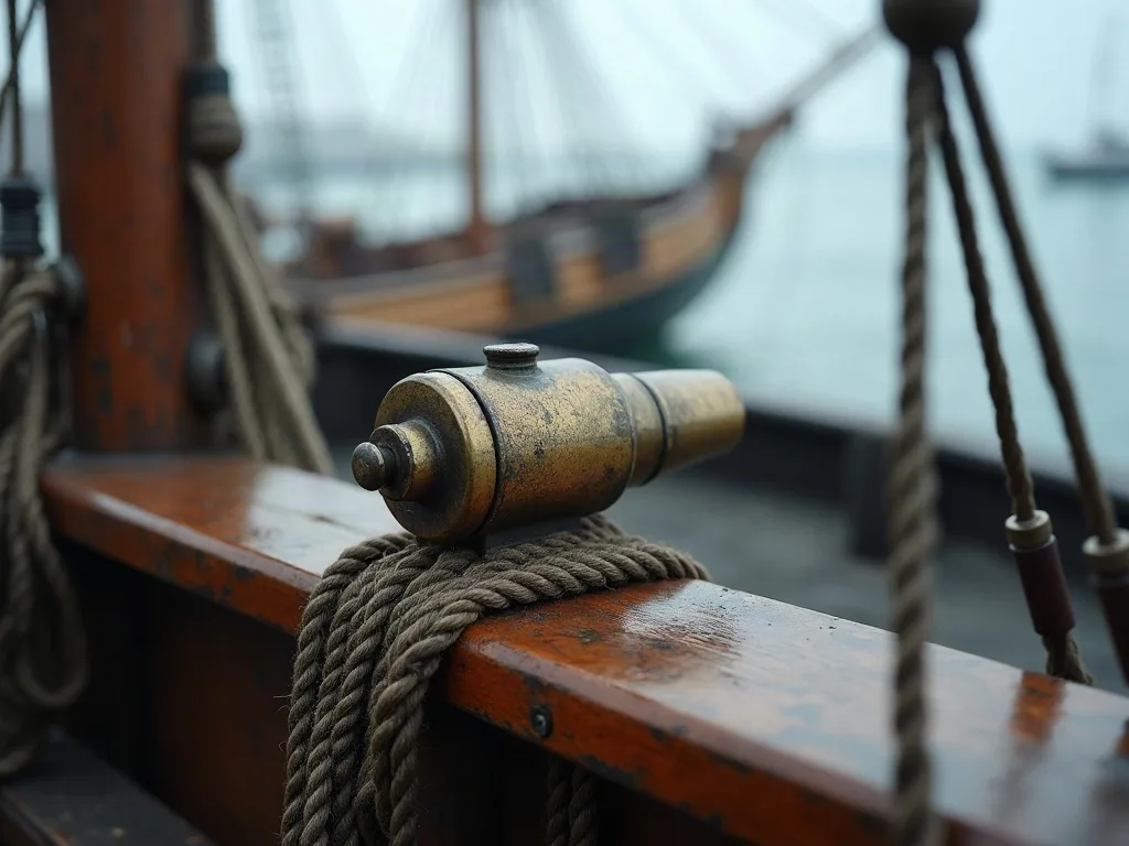 Petit canon de bronze pivotant fixé sur le plat-bord verni, calé par un cordage lové, voilier en arrière-plan.