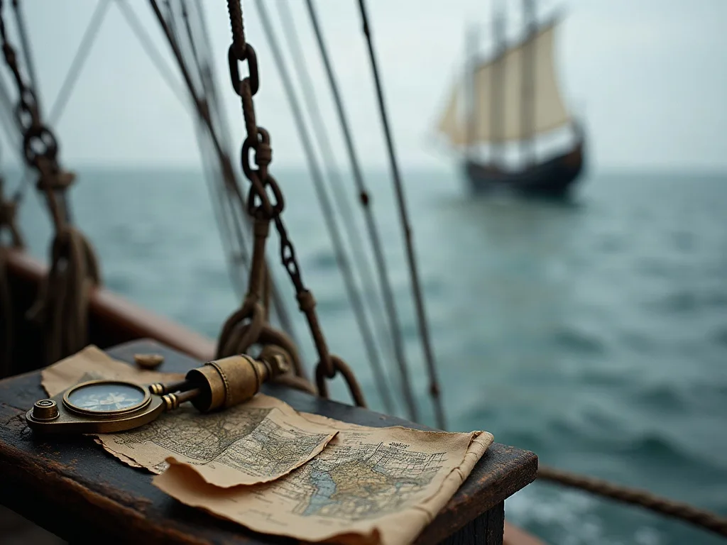 Sur le bastingage de bois, une carte marine froissée et une longue-vue de laiton, un voilier au loin dans la brume.