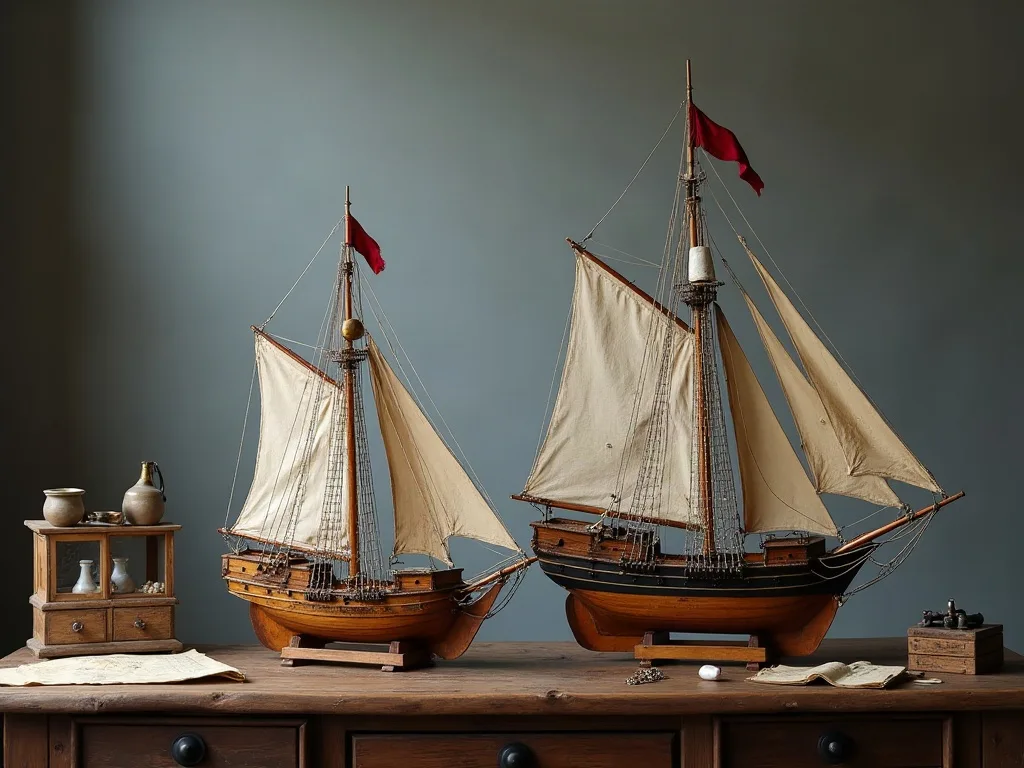 Deux maquettes de navires à voiles sur berceaux de bois, coques et gréements comparés sur une table ancienne.