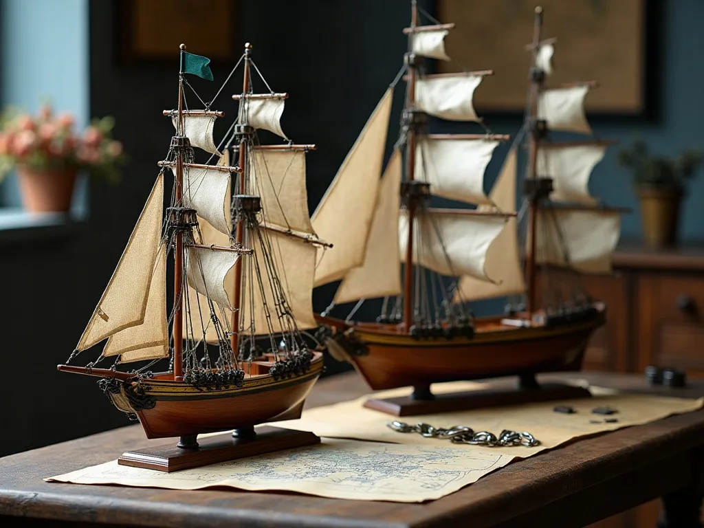 Deux maquettes de voiliers à coque acajou posées sur une table, voiles de toile hissées, près d'une carte ancienne et d'une chaînette.
