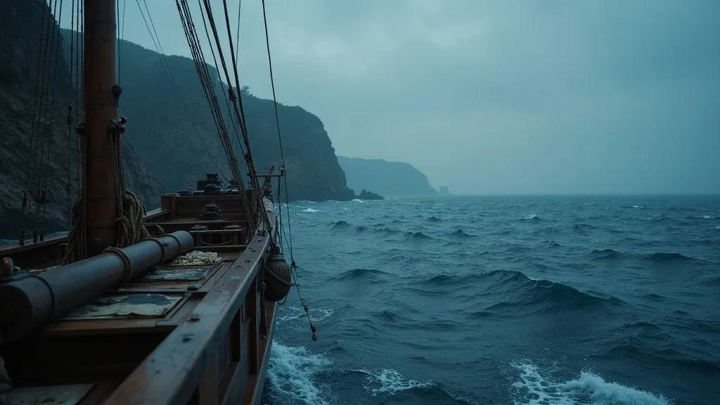 Voilier naviguant le long d'une côte rocheuse escarpée dans une mer agitée et brumeuse.