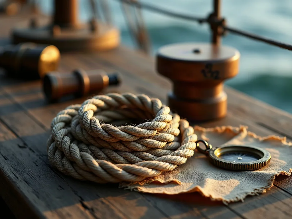 Cordage enroulé et toile effilochée sur le pont en bois d'un voilier, avec compas et poulies en arrière-plan.