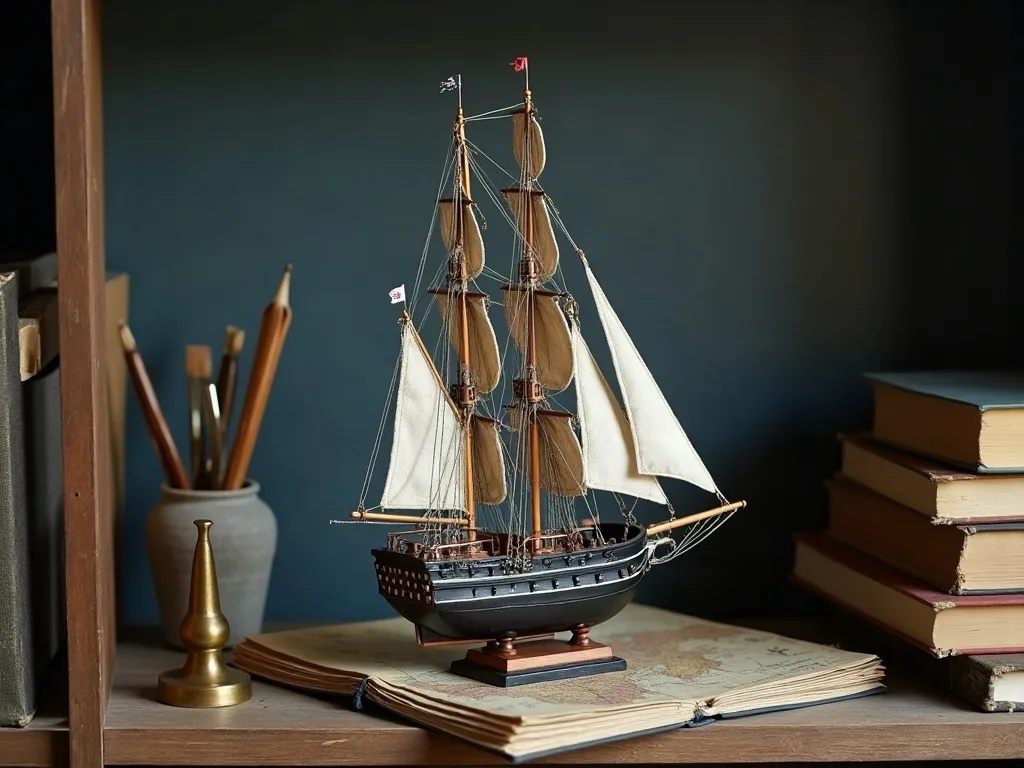 Maquette de trois-mâts posée sur une carte ancienne, entre un pot à pinceaux et une pile de livres reliés.