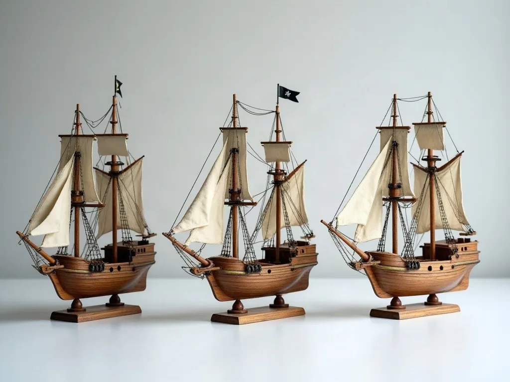 Trois maquettes en bois sur socles alignées, voiles en toile écrue et gréements filins, l'une portant un pavillon noir.