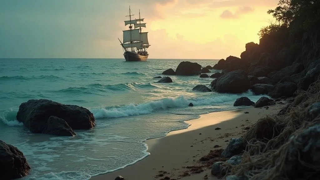Voilier colonial mouillé au large d'une côte rocheuse aux eaux turquoise au coucher de soleil.