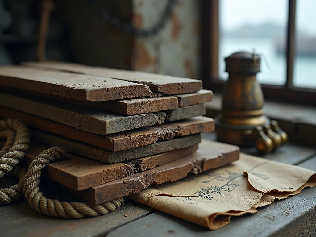 Planches de bois brut empilées, cordage tressé et carte ancienne sur un établi près d'une fenêtre sur l'eau.