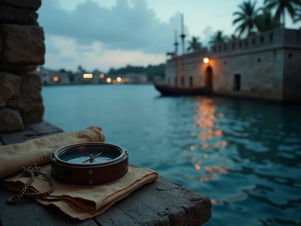 Boussole posée sur tissu à côté d'une forteresse coloniale illuminée au crépuscule, surplombant l'eau calme.