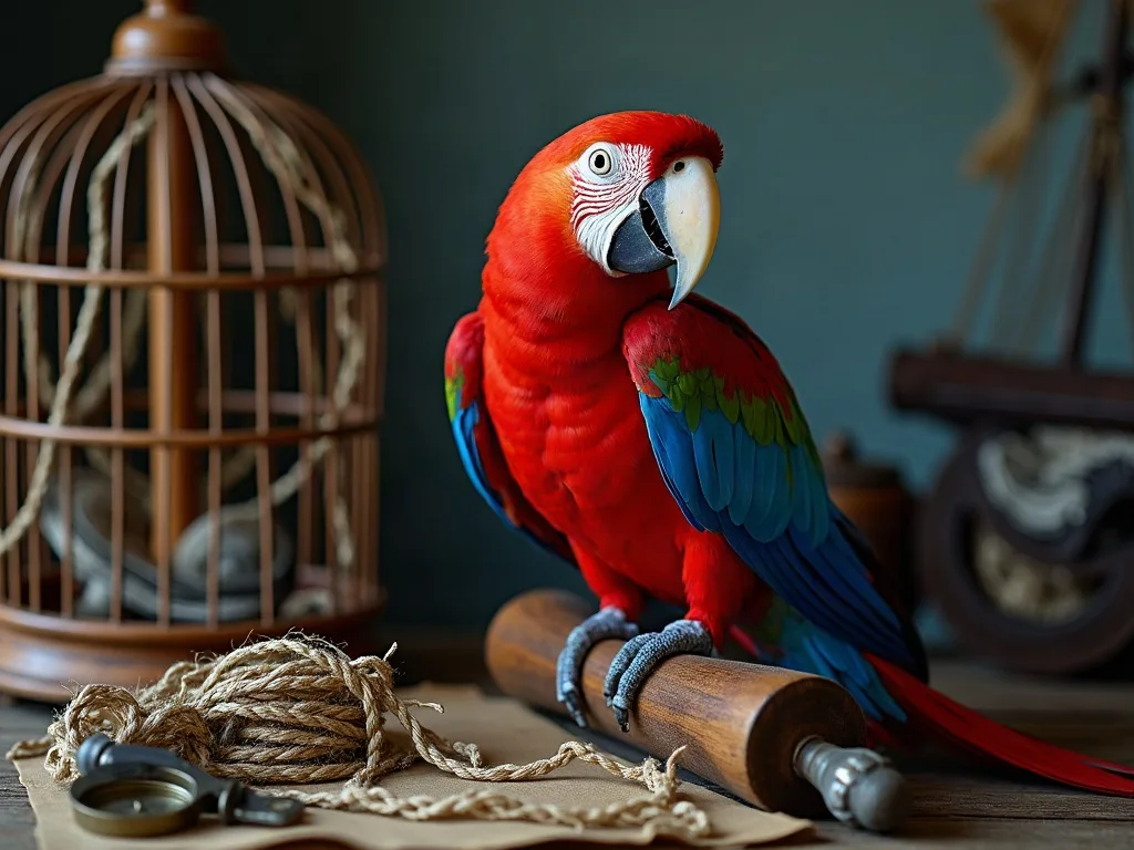Un ara rouge perché sur un rouleau de bois, près d'une cage ancienne, d'un cordage et d'une boussole.