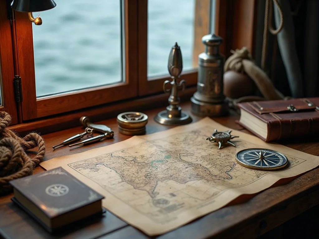 Carte marine ancienne dépliée sur une table en bois, compas de relèvement, boussole en laiton et carnet relié près du hublot.