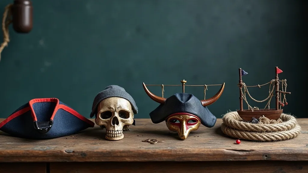 Sur une planche usée: bicorne bleu bordé de rouge, crâne à bandana, masque doré à cornes et voilier miniature posé sur un cordage lové.