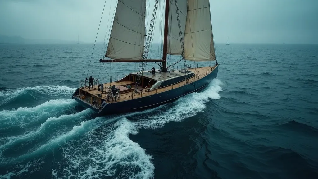 Voilier à deux mâts naviguant sur une mer agitée avec des vagues écumantes sous un ciel gris.