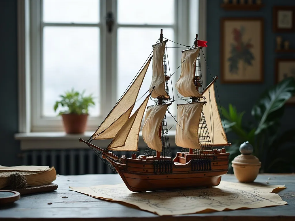 Maquette en bois d'un trois-mâts posée sur une carte marine, voiles de toile écrue et beaupré prolongeant l'étrave, près d'une fenêtre.