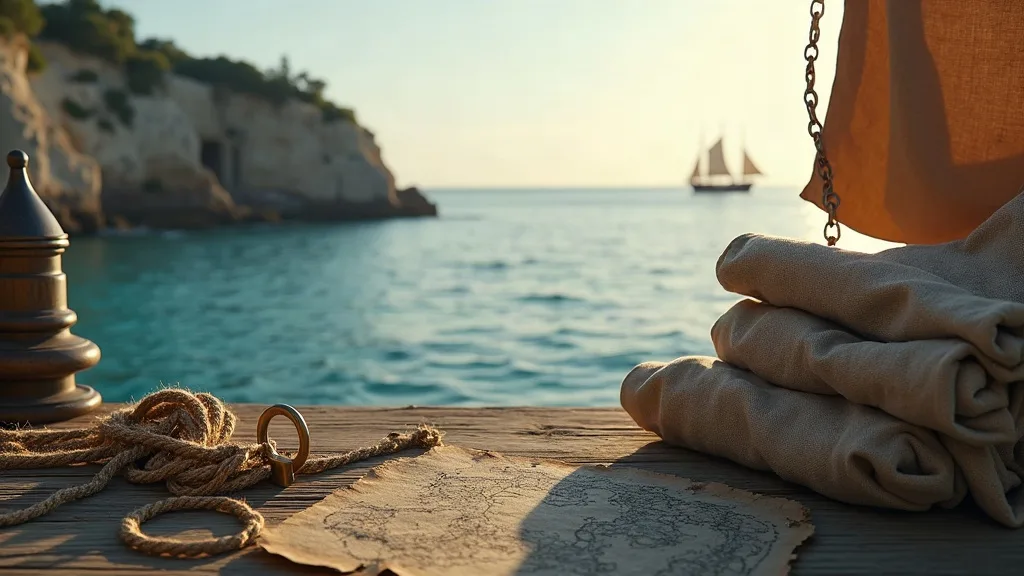 Sur un ponton en bois, cordes et voiles pliées face à la mer méditerranéenne turquoise et aux falaises rocheuses.