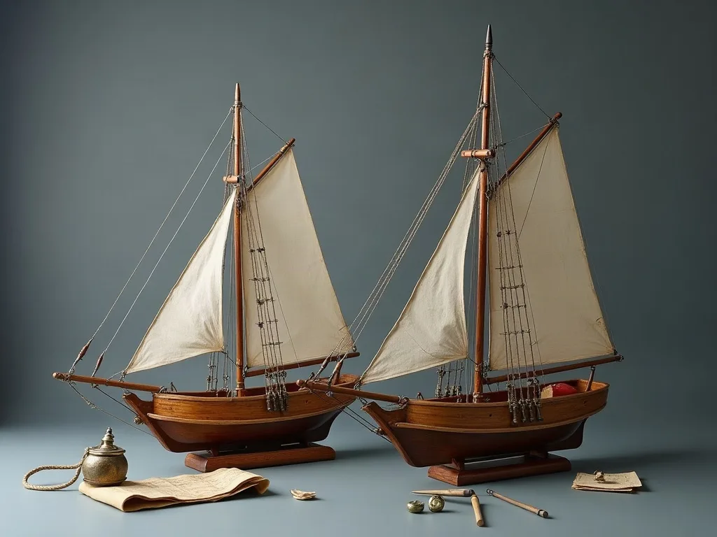 Deux maquettes de voiliers en bois sur socle, voiles en toile écrue, gréement de fils fins et petits accessoires posés devant.