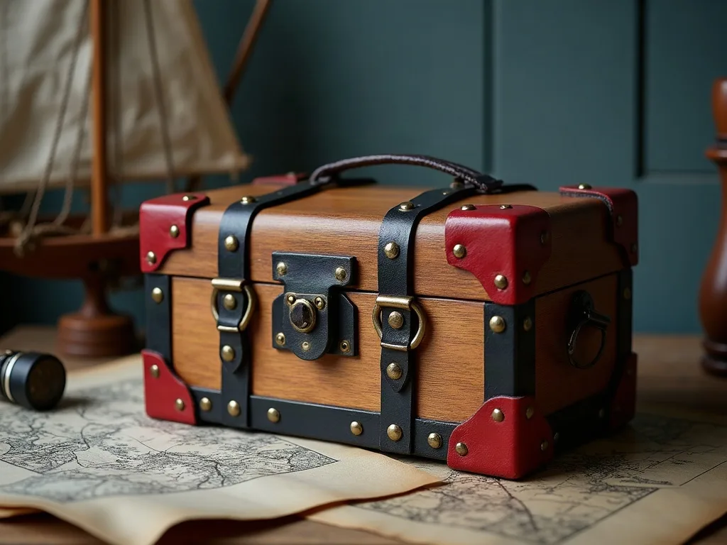 Petit coffre en bois à coins rouges, sangles de cuir noir et rivets laiton, posé sur une carte ancienne.