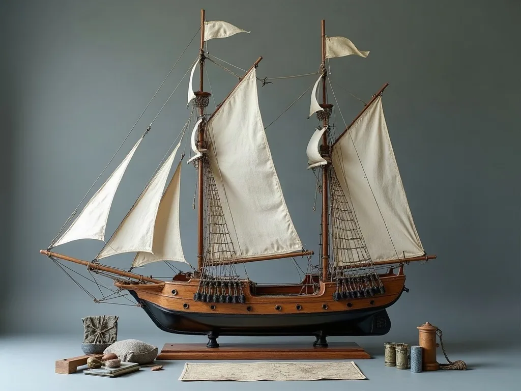 Maquette de brick à deux mâts, coque noire et pont en bois, voiles de toile écrue et gréement fin, posée sur socle avec carte marine.