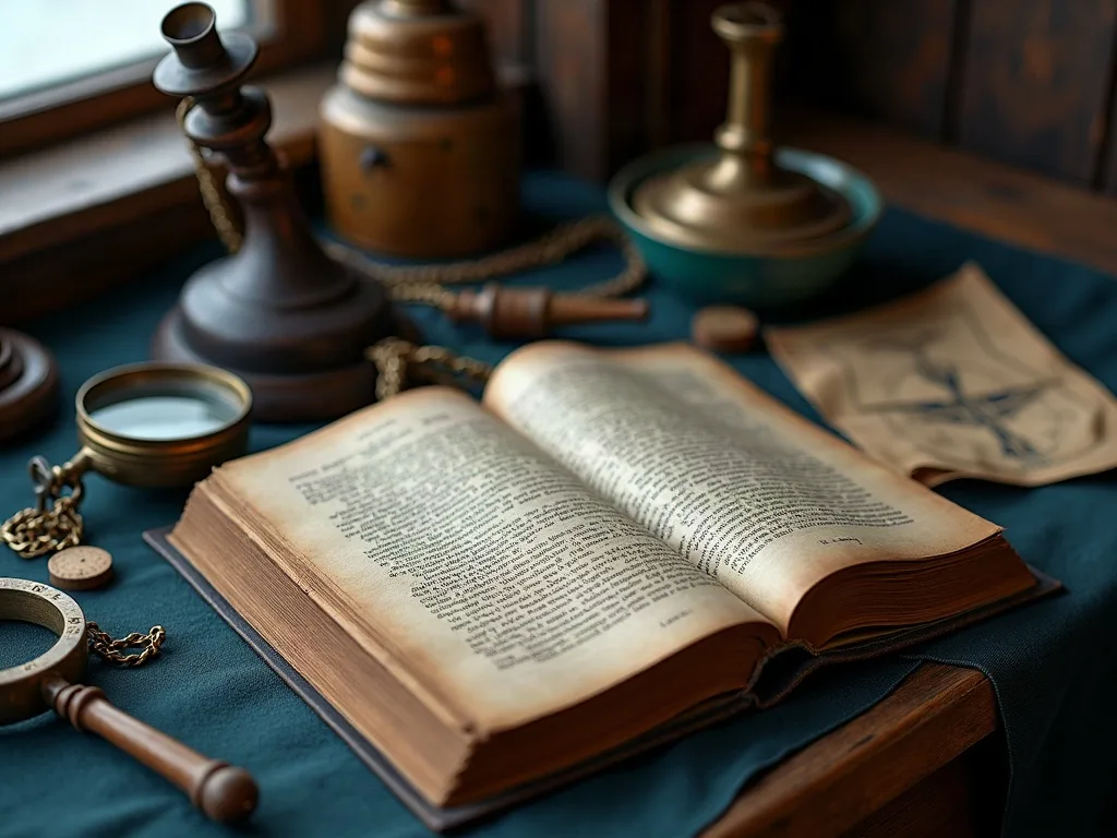 Un livre relié cuir ouvert sur une table drapée de bleu, entouré d'une loupe en laiton, de chandeliers et d'une carte marine pliée.