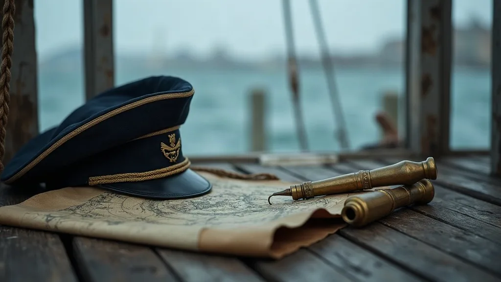 Casquette de capitaine à galon doré, longue-vue en laiton et carte marine posées sur les planches d'un ponton.