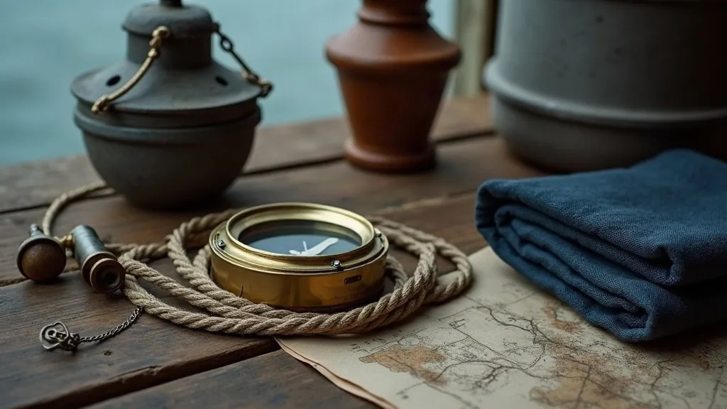 Boussole de laiton, cordage tressé, lanterne de plomb et carte ancienne posés sur des planches usées.