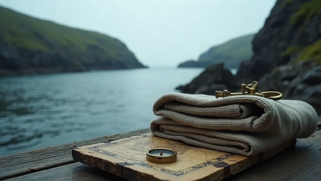 Sur un ponton de bois, une carte marine, une boussole en laiton et un lainage plié face à la baie brumeuse aux falaises vertes.