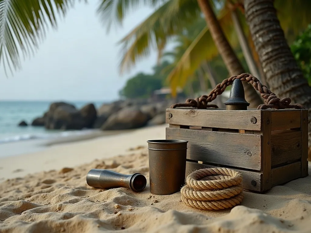 Caisse en bois échouée, cordage lové et gobelet de métal terni posés sur le sable, à l'ombre des palmiers.