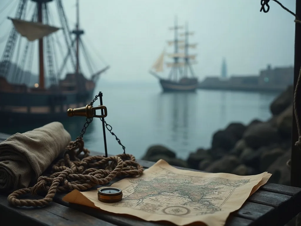 Carte marine, boussole et cordage sur un quai avec navires à voiles ancrés dans le port brumeux.