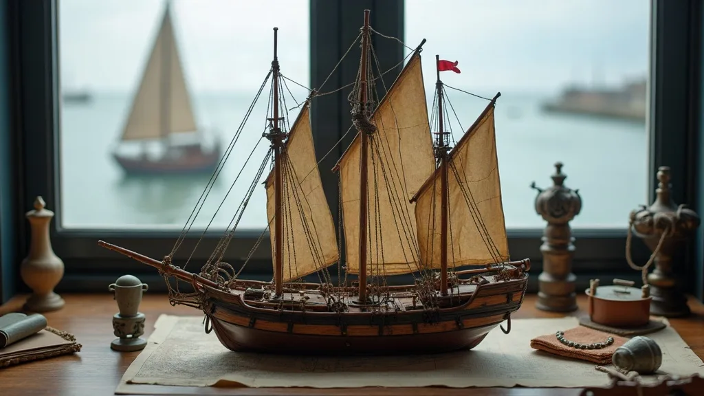Maquette de jonque à trois mâts posée sur une carte marine, devant une fenêtre ouvrant sur le port.