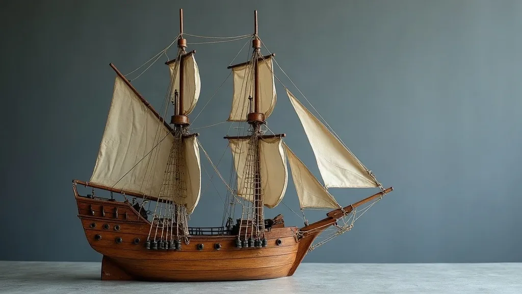 Maquette en bois d'un galion à trois mâts, voiles carrées et voile latine, posée sur une table grise.