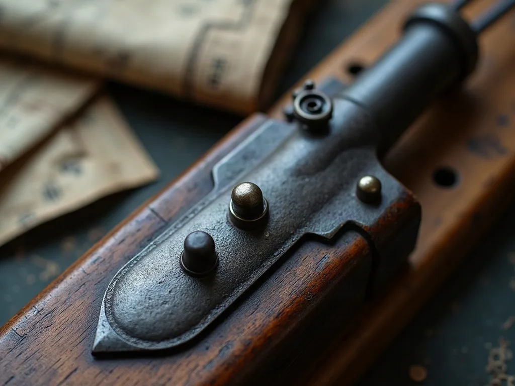 Gros plan sur la platine métallique rivetée, encastrée dans la crosse en bois sombre, près de papiers anciens.