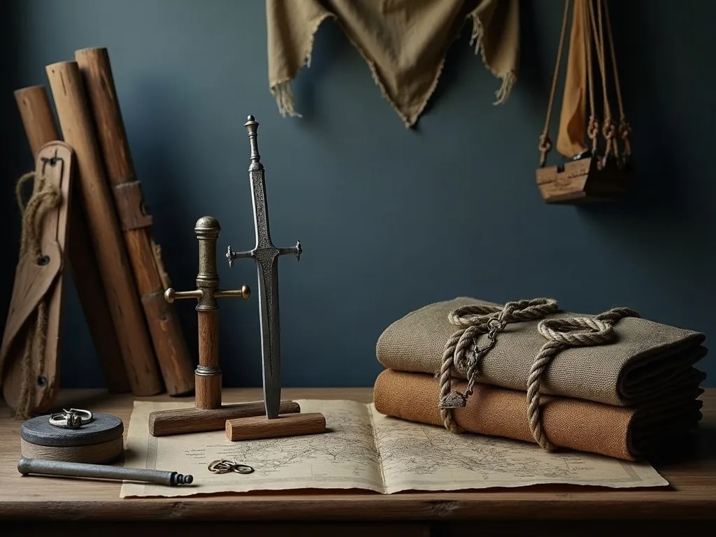 Une dague gravée posée sur un socle en bois, entre carte dépliée, toiles roulées et cordages.