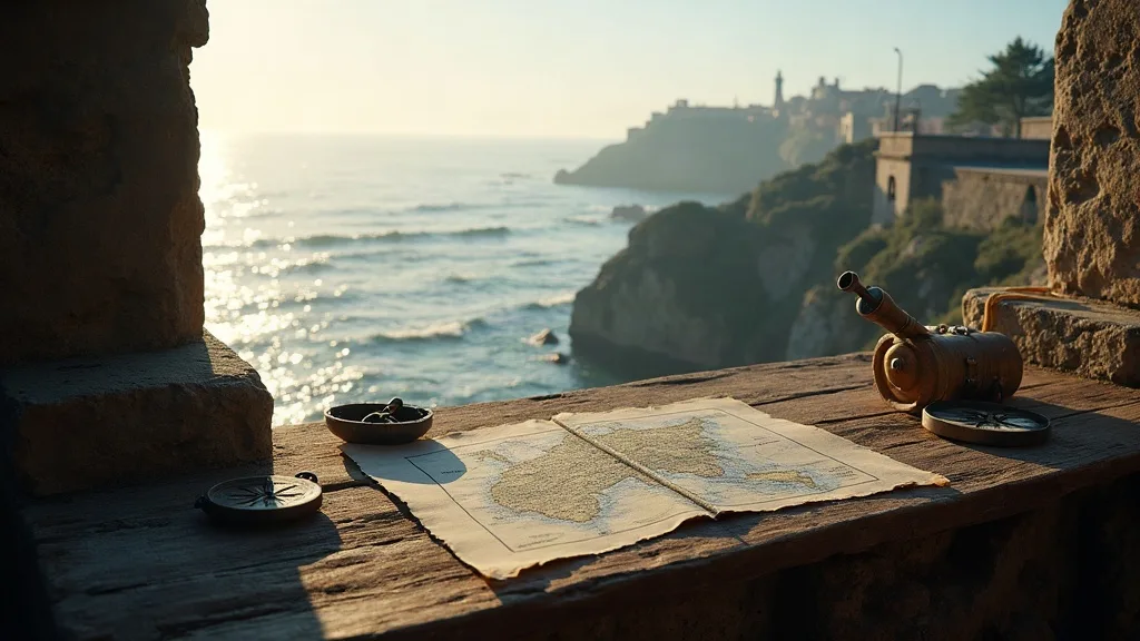 Cartes et instruments de navigation posés sur une terrasse en pierre face à l'océan et une forteresse côtière.