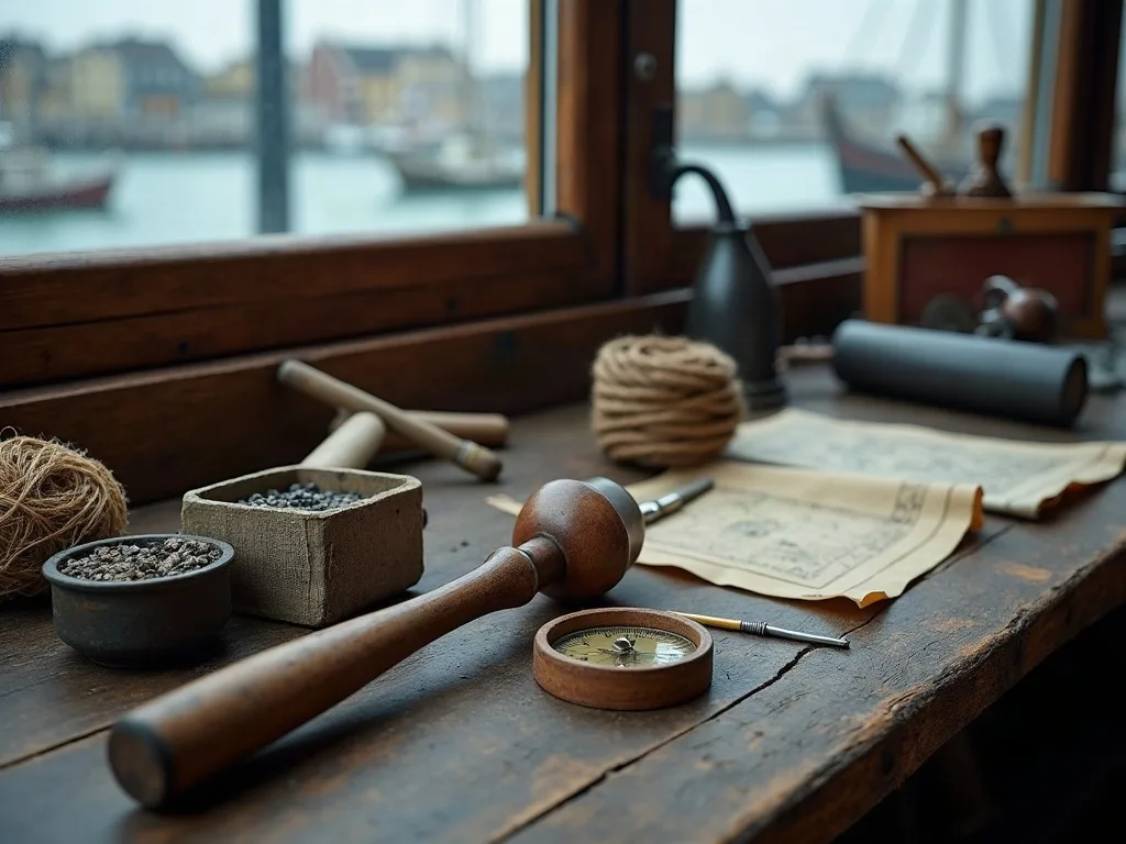 Sur l'établi de chantier, maillet de bois, écheveaux d'étoupe, godet de brai et plans, face au port.