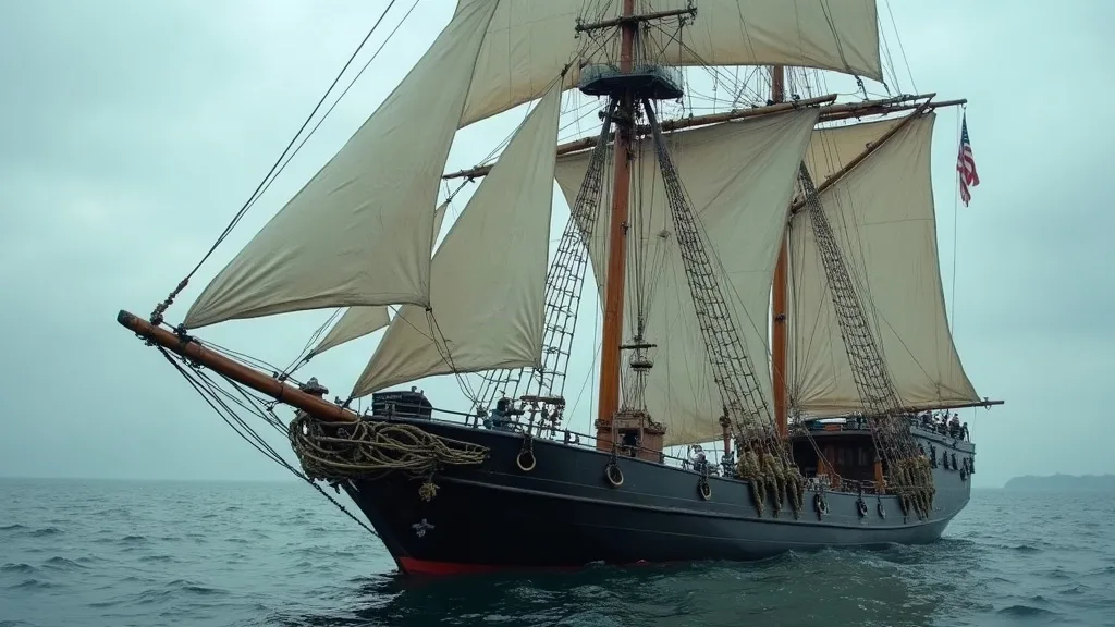 Un voilier gréé carré à coque noire, voiles écrues hoissées, avance sur une mer grise sous ciel couvert.
