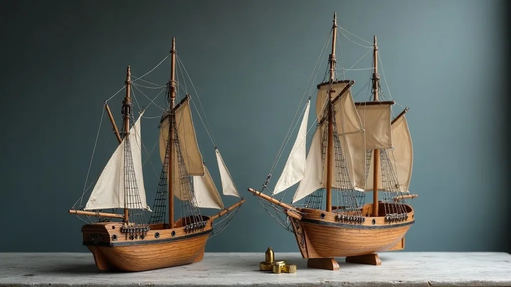 Deux maquettes en bois à voiles claires posées sur une surface grise, comparées sous une lumière latérale.