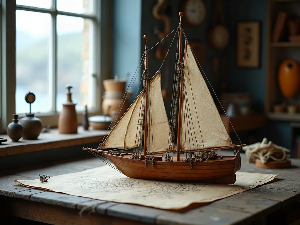Maquette en bois d'un voilier gréé de voiles en toile écrue, posée sur une carte marine, dans un atelier éclairé par la fenêtre.