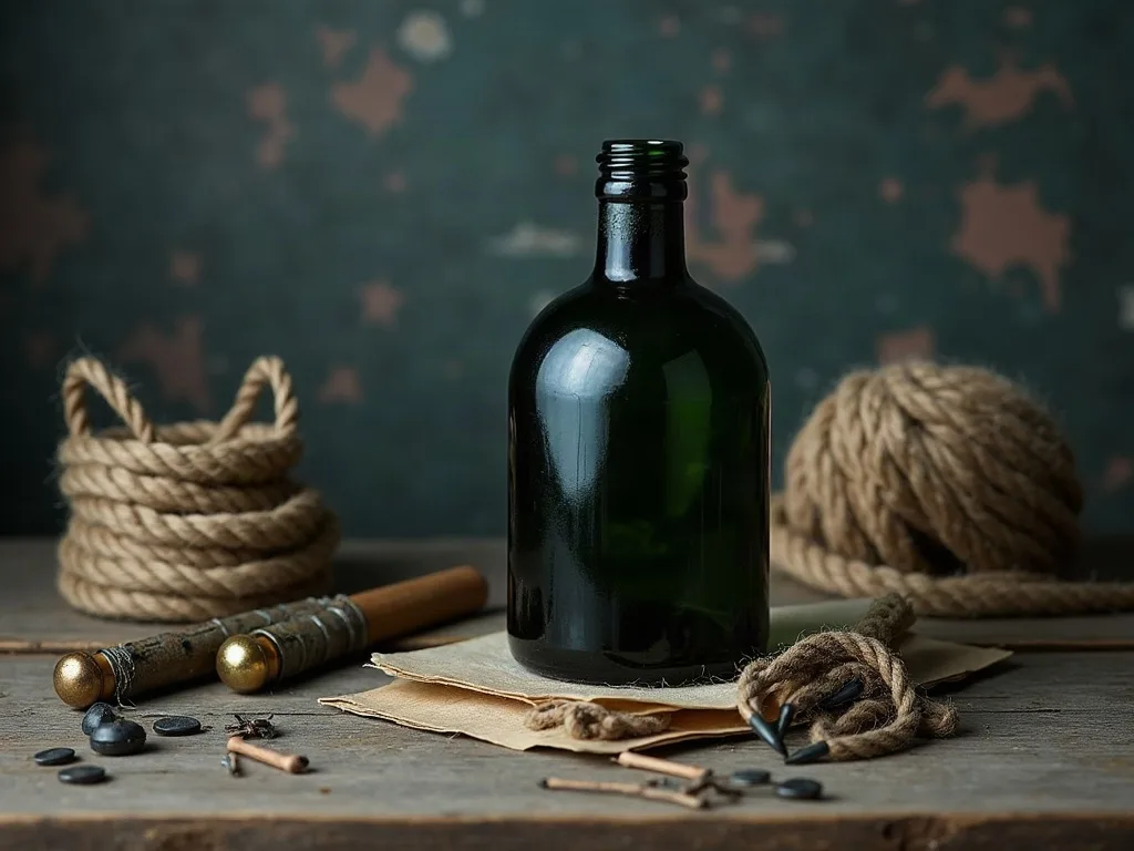 Bouteille de verre vert épais posée sur une planche usée, entre cordages en chanvre, toile, clous et grenaille de plomb.