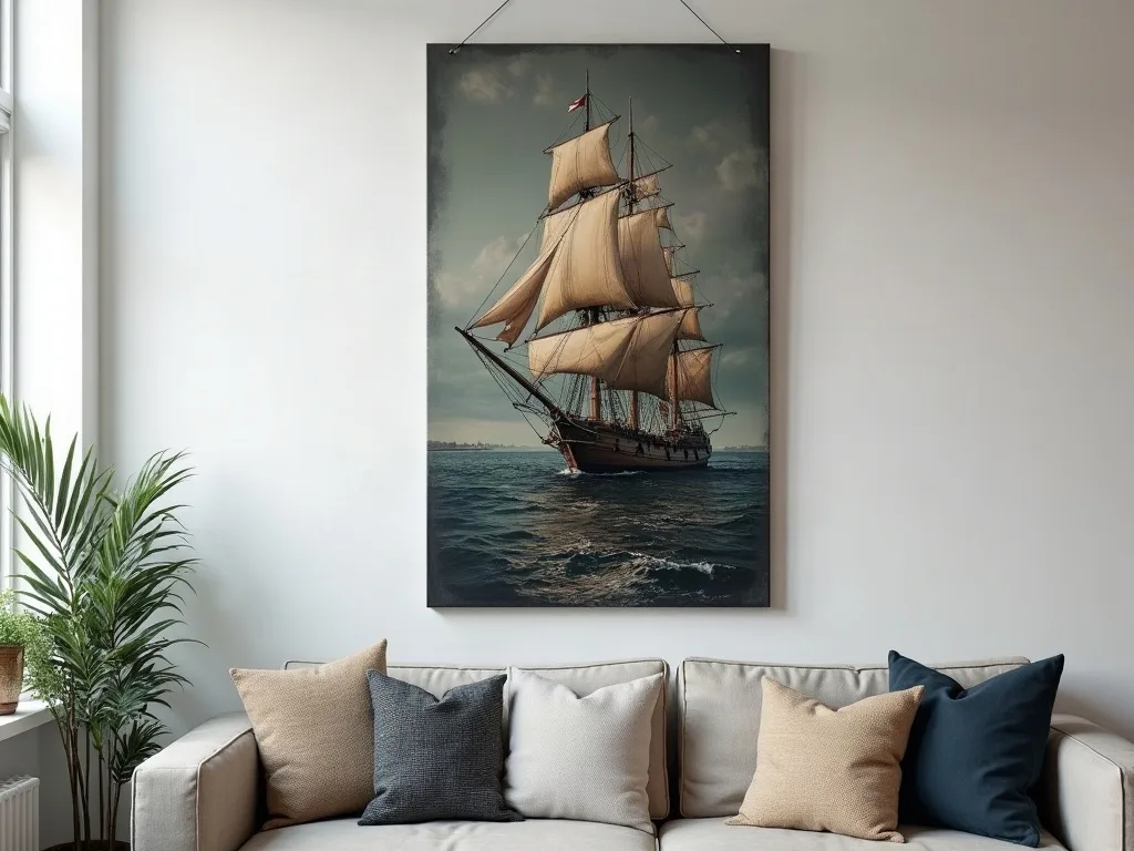 Toile verticale sans cadre suspendue par un fil au-dessus d'un canapé beige garni de coussins bleus et sable.