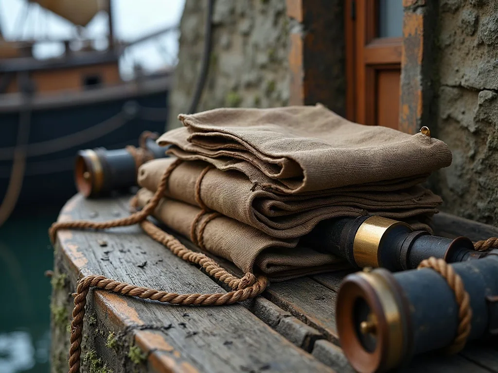 Toiles beiges pliées et cordages posés sur le bois gris usé d'un quai portuaire.