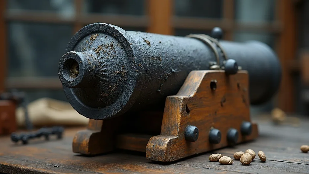 Canon en fonte posé sur un berceau de bois, sa bouche encore piquetée de concrétions marines, entouré de petits fragments coquilliers.