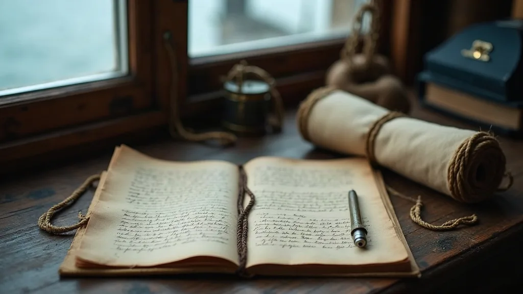 Registre manuscrit ouvert, stylo, rouleau de toile ficelé et pelote de corde sur une table en bois, près d'une fenêtre.