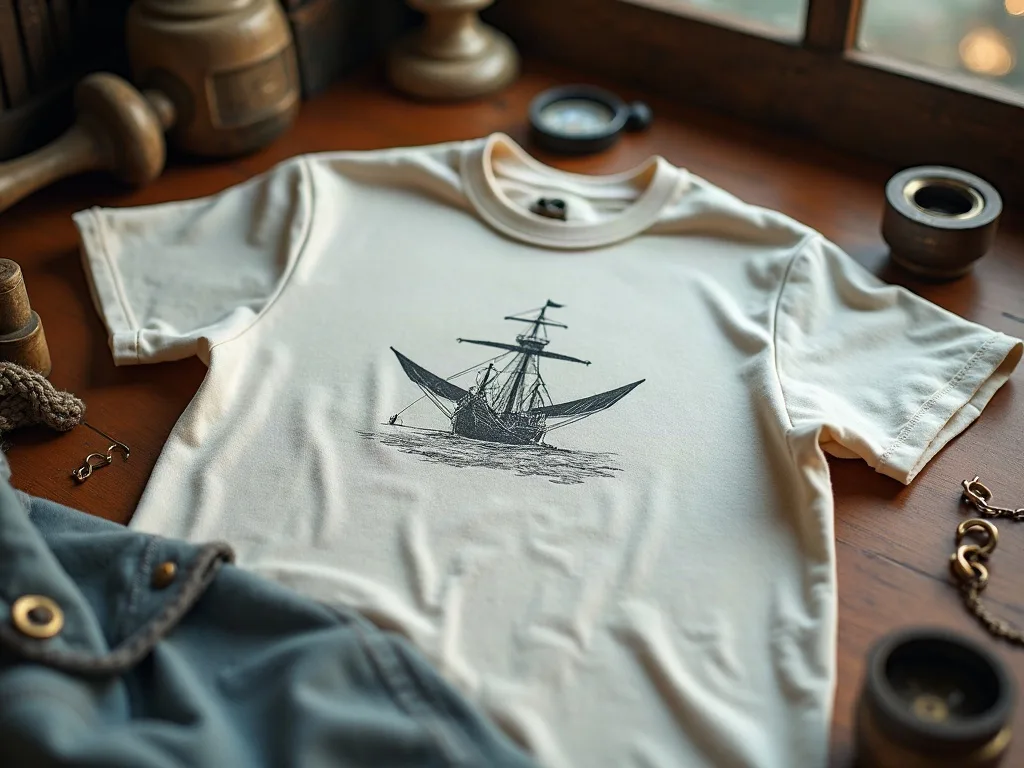 T-shirt polycoton crème posé à plat sur une table en bois, voilier gravé imprimé à même la fibre.