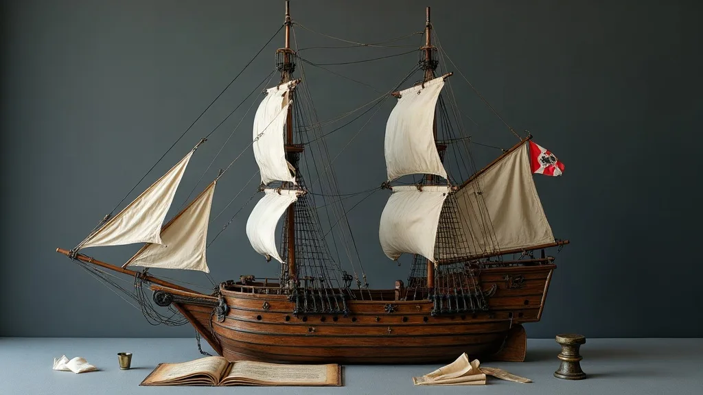 Maquette d'un trois-mâts à coque de bois sombre, voiles de toile écrue déployées, posée près d'un livre ouvert.
